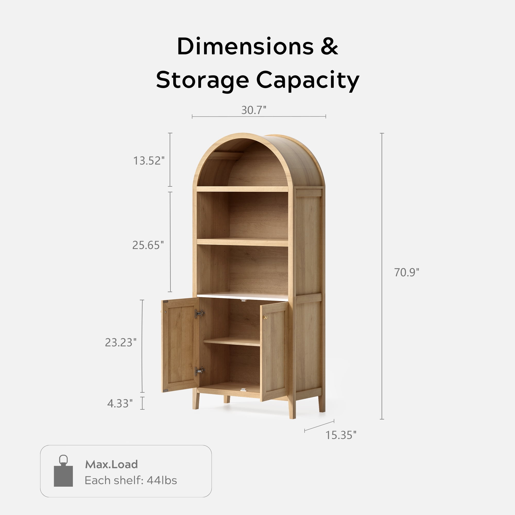 EYYTHUNG 71" Tall Arched Cabinet Modern Farmhouse 5-Tier Arched Bookcase Storage Display Cabinet with Faux Marble Top, Natural Oak