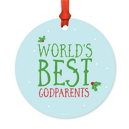 Metal Christmas Ornament, World's Best Godparents, Holiday Mistletoe, Includes Ribbon and Gift