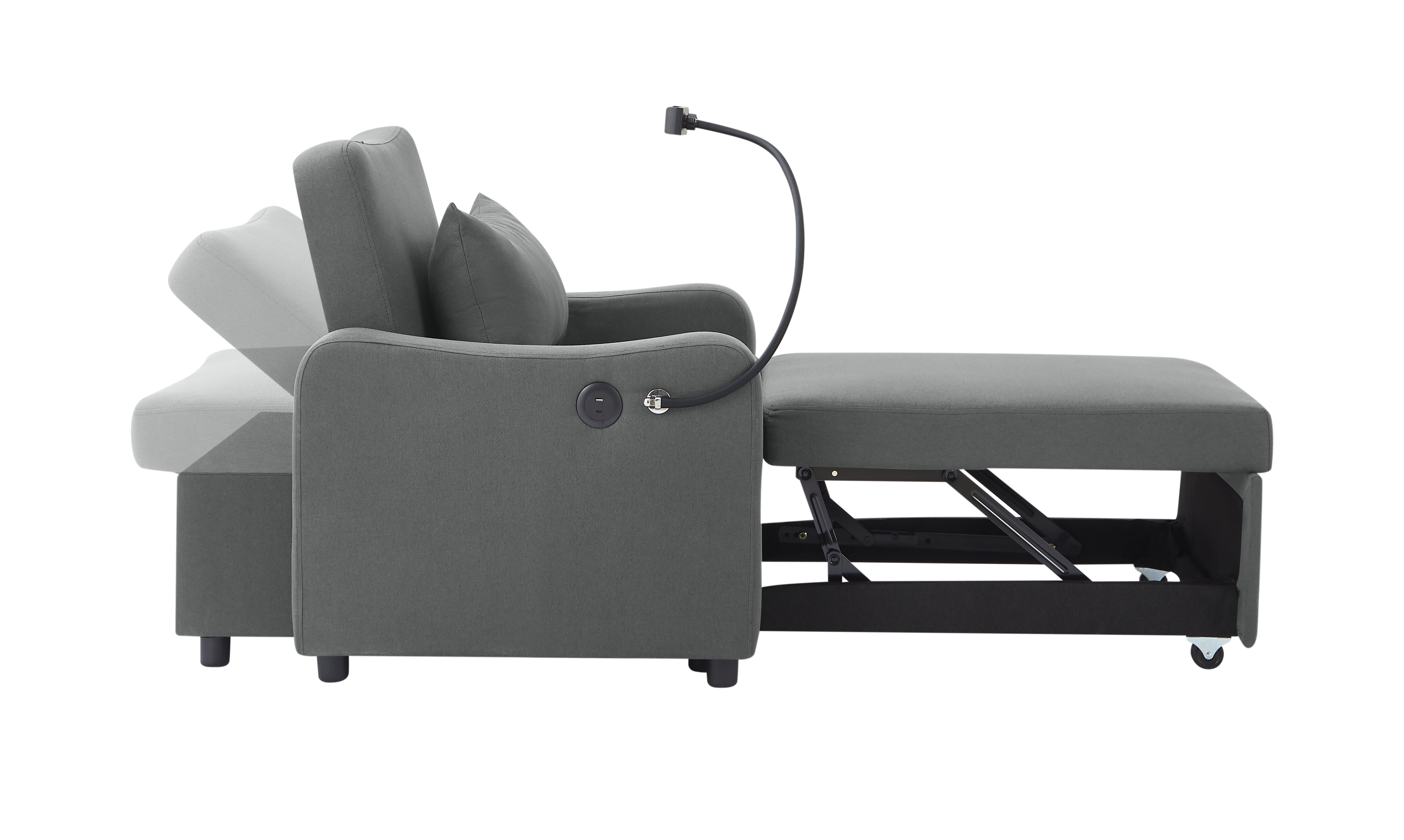 Leumius Convertible Sleeper Sofa Chair Bed,3 in 1 Linen Single Sofa with USB Port and Phone Holder,Pull Out Couch Recliner with Adjustable Backrest for Living Room, Office, Small Place,Dark Gray