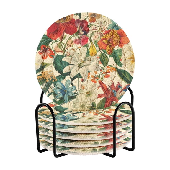Different Flower and Leaf Coasters with Holder for Coffee Table 6 Pcs Drink Coaster Sets Absorbent for Home Decor 4 inch