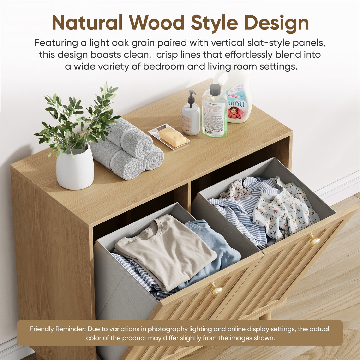 Hommoo Bathroom Laundry Storage Cabinet, Sloping Laundry Basket with Removable Inner Basket, Freestanding Household Storage Rack, Oak