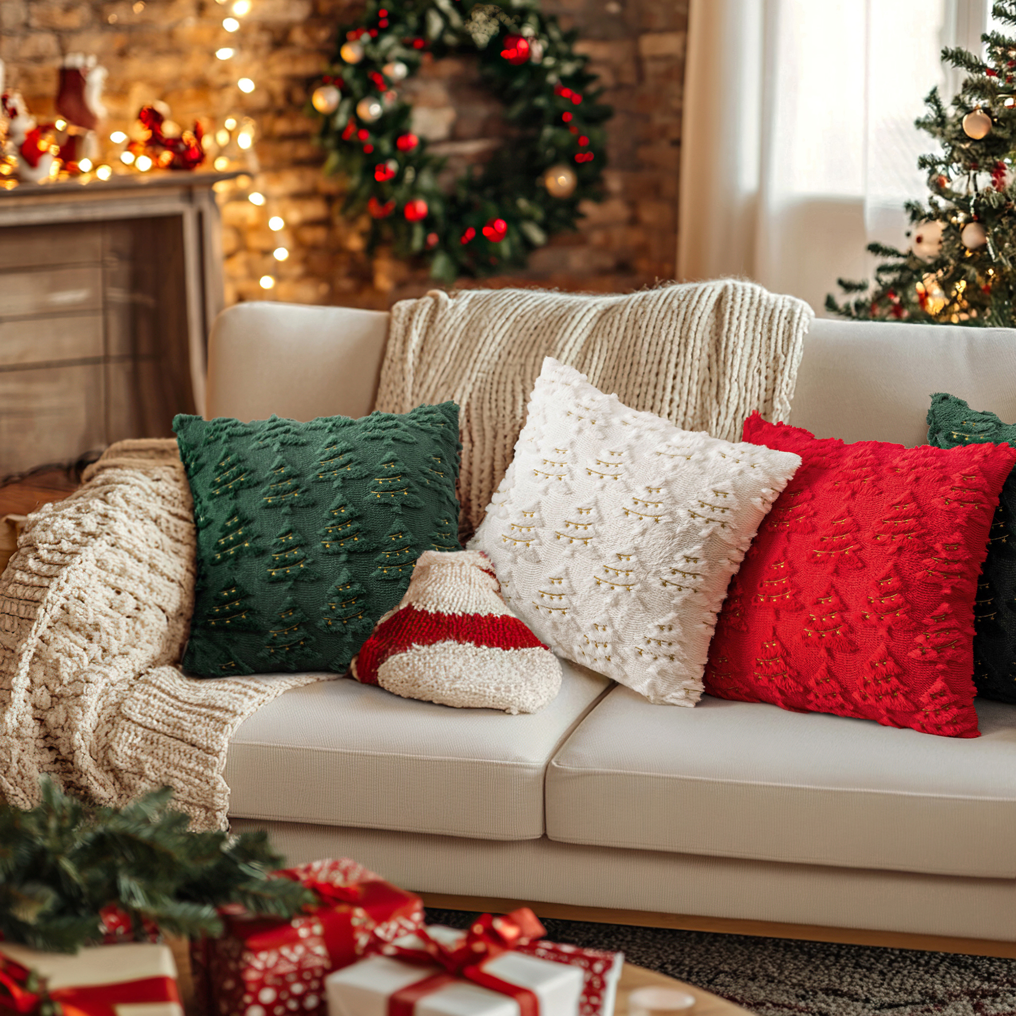 Christmas Tree Decorative Throw Pillow Covers Set of 2, Faux Fur Farmhouse Throw Pillows Cushion Cases for Xmas Winter Holiday Home Decorations