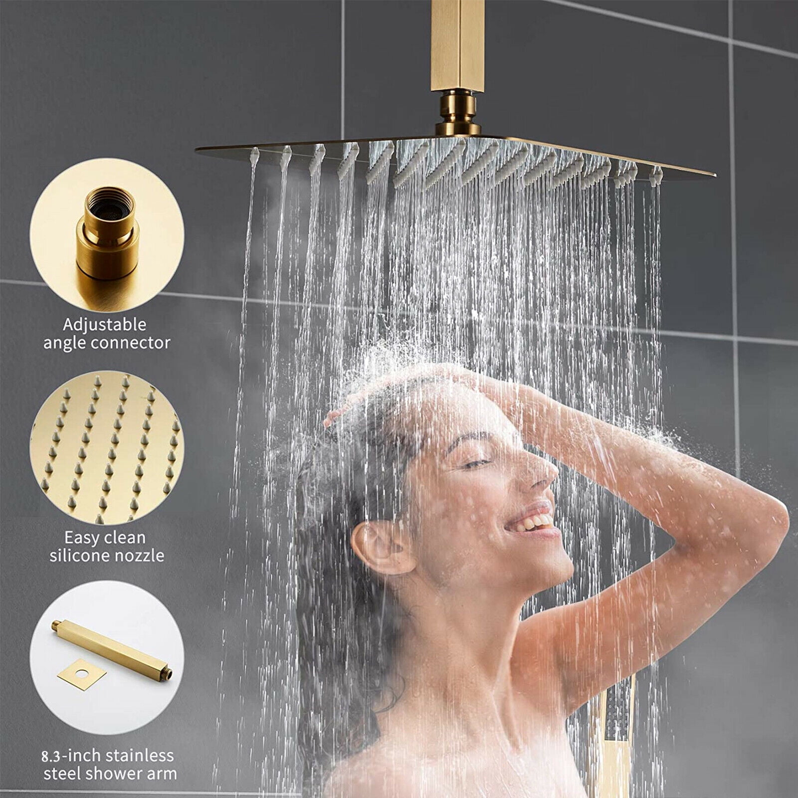 Zovajonia Shower System 12 Inches Shower Faucet Set,  Rain Shower Head with Handheld Spray Bathroom Ceiling Mount Shower Fixtures Brushed Gold