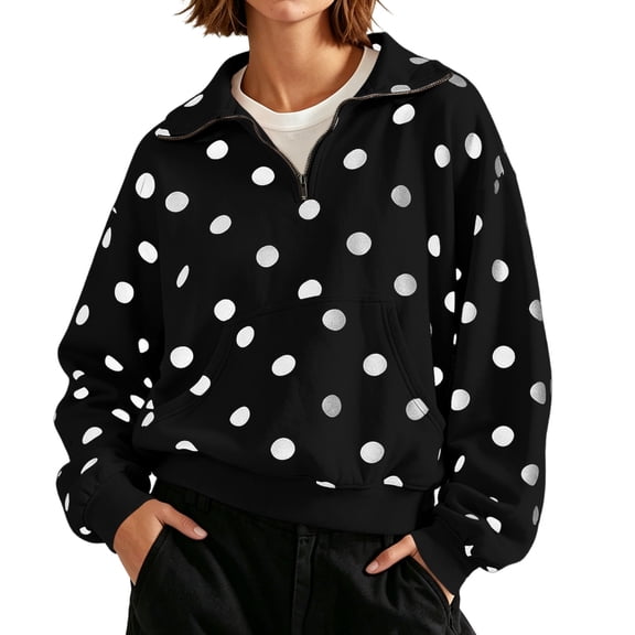 HappyYEE Women’s Polka Dot Half Zip Sweatshirt, Stand Collar Oversized Fleece Tops, Fashion Pullover Long Sleeve Workout Tops XL