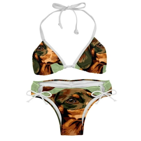 Women s Two Piece Halter Neck Bikini Swimsuits Padded Fun Brown Dachshund Dog Print Swimwear Bathing Suits