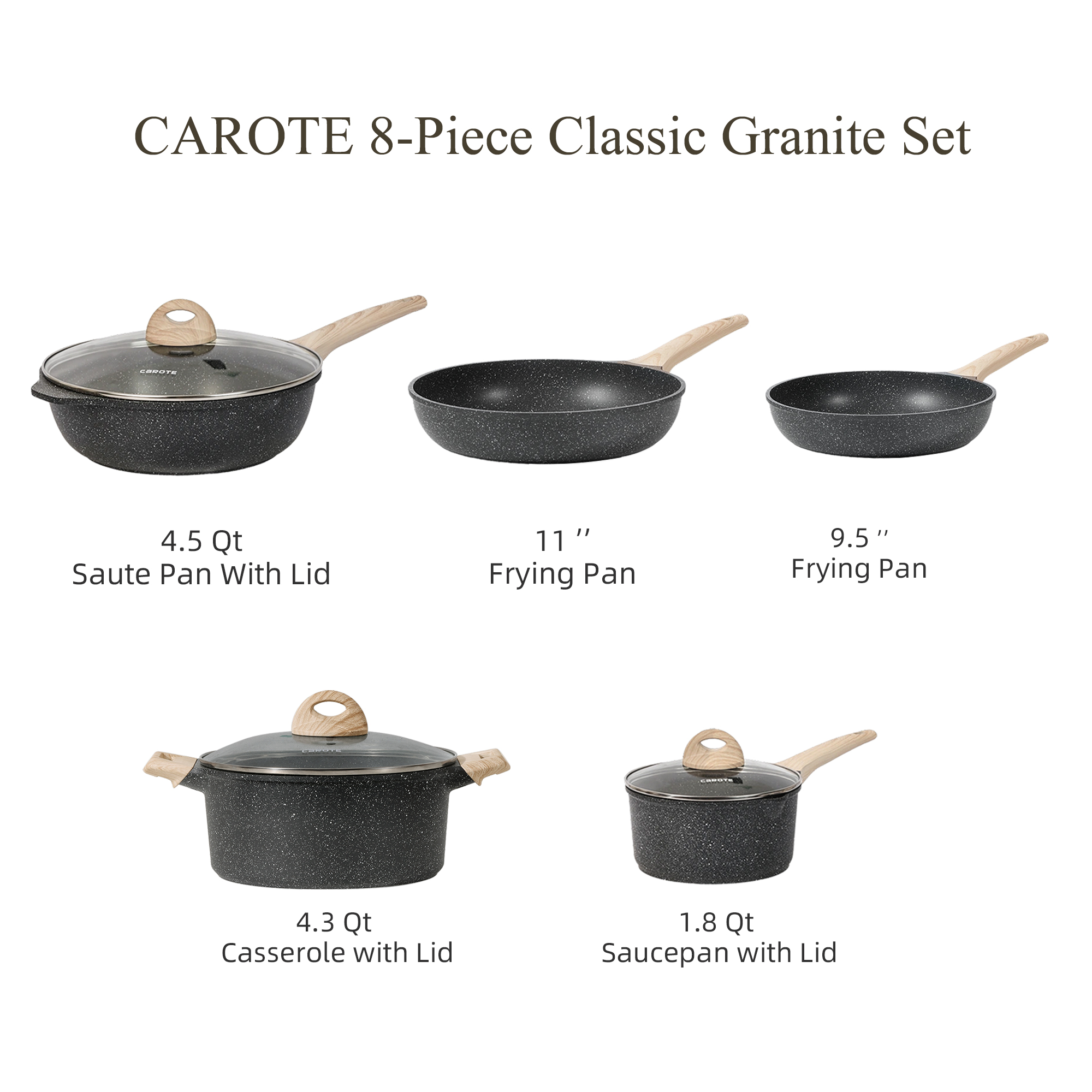 Carote Nonstick Pots and Pans Set, 8 Pcs Induction Kitchen Cookware Sets (Black) - image 3 of 7