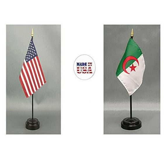 Made in The USA. 1 American and 1 Algeria Rayon 4"x6" Miniature Office Desk & Little Hand Waving Table Flag, Includes 2 Flag Stands & 2 Small 4"x6" Mini Stick Flags