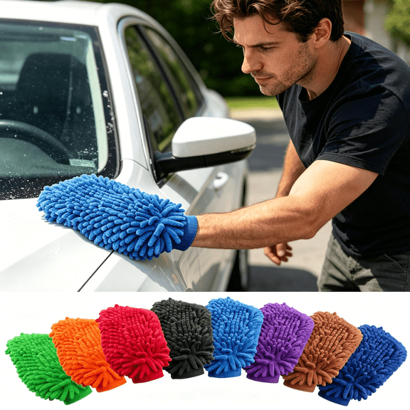 Double Sided Chenille Car Wash Mitt, Cleaning Glove for Auto Detailing, Soft Wash Mitt for Home Car Care, Gentle on Paint Surfaces 10x7 Inch Blue