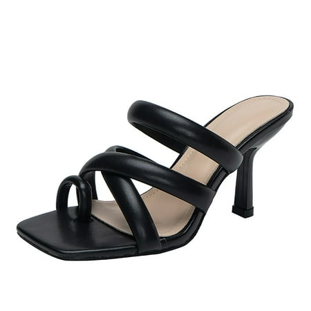 

GWAABD Womens Wide Sandals Women Slip On High Heels Sandals Casual Square Toe Strap Sandals Open Toe Slide Sandals