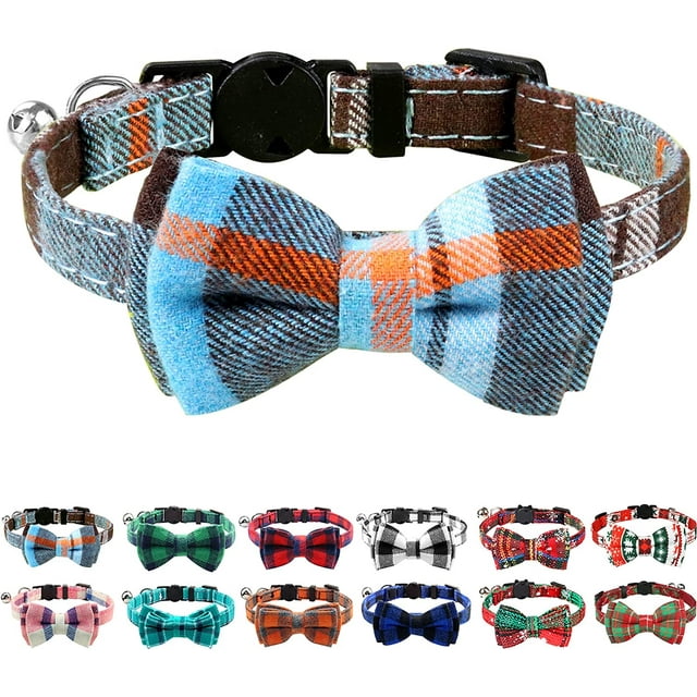 Collar para gato con cascabel y pajarita, collares de seguridad de liberación rápida para gatitos y gatos, collar de tartán suave, 1 unidad, azul niebla