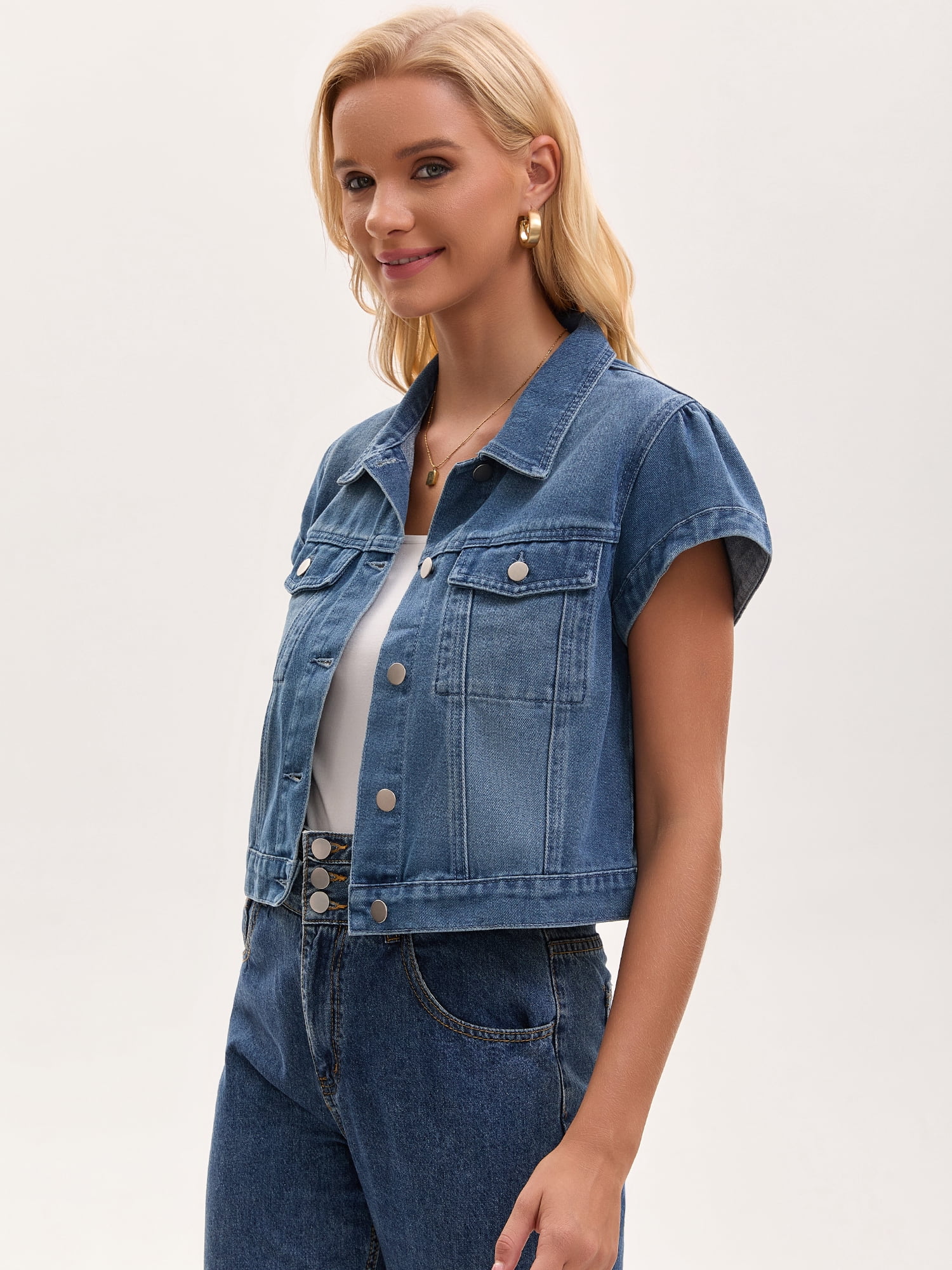 DARING DIVA Women's Cropped Cap Sleeve Button Down Collared Jean Jacket L Blue