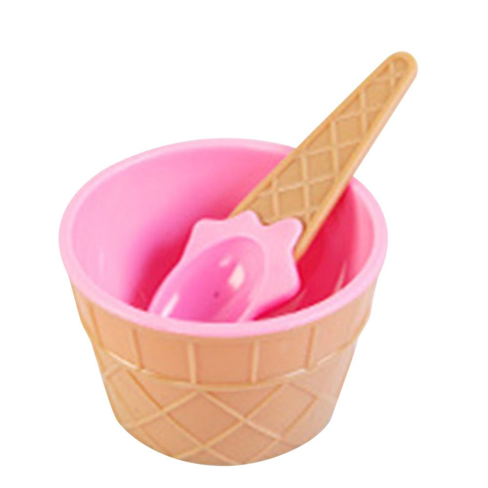 LYUMO 2pcs Cute Plastic Ice Cream Bowl + Spoon Salad Bowl Dessert
