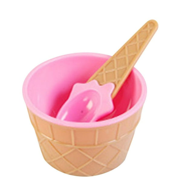 LYUMO 2pcs Cute Plastic Ice Cream Bowl + Spoon Salad Bowl Dessert