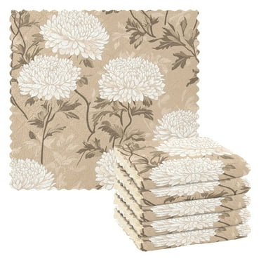 Classy Chrysanthemum Pattern on Beige Background Kitchen Cloth Dish Towels for Drying Washing Absorbent Dish Rags 6 Pack