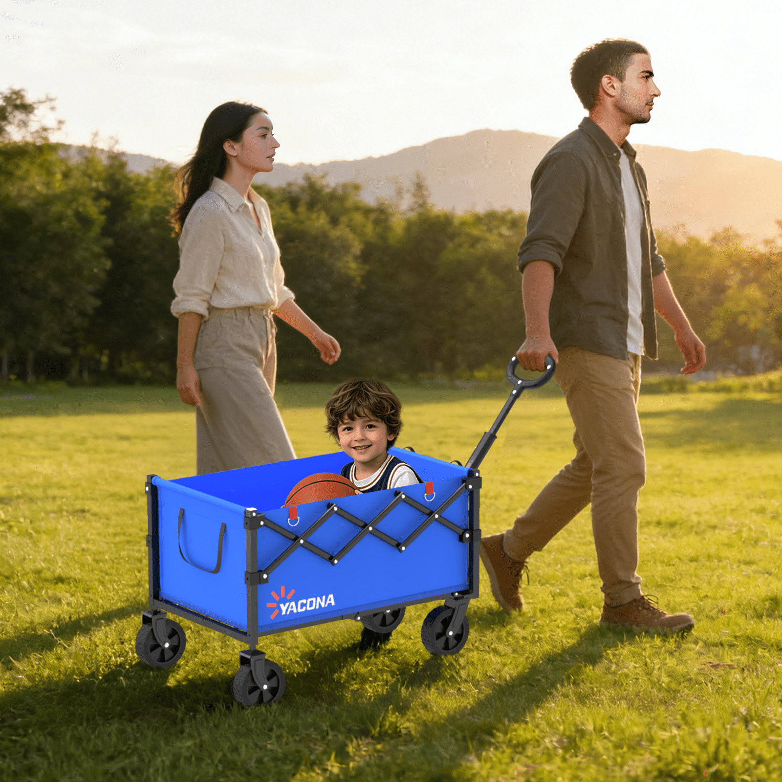 Yacona Wagons Carts Foldable, 450 lb Capacity Folding Wagon Cart with Wheels for Camping, Garden, Shopping, Blue