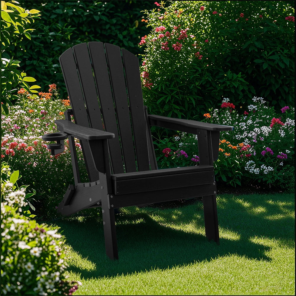 HDPE Folding Adirondack Chair with Cup Holder,Weather-Resistant, Low Maintenance,Supports up to 400lbs,Black