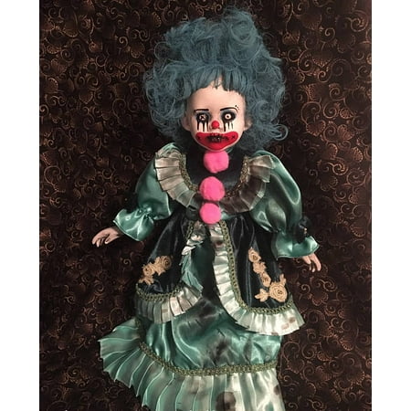 Blue Hair Clown Girl Green Dress Circus Sideshow Creepy Horror Doll by Bastet2329 Christie