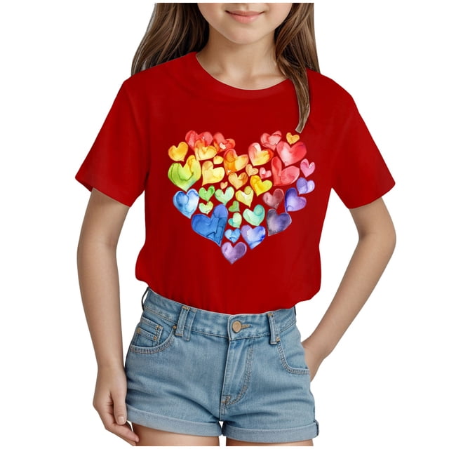 Zshosam Hauts pour Tout-Petites Fille T-Shirt Graphique pour Filles Col Rond Manches Courtes T-Shirts Été Mignon Tendance Hauts Taille 7T 8T,(Rouge 7-8 Ans)