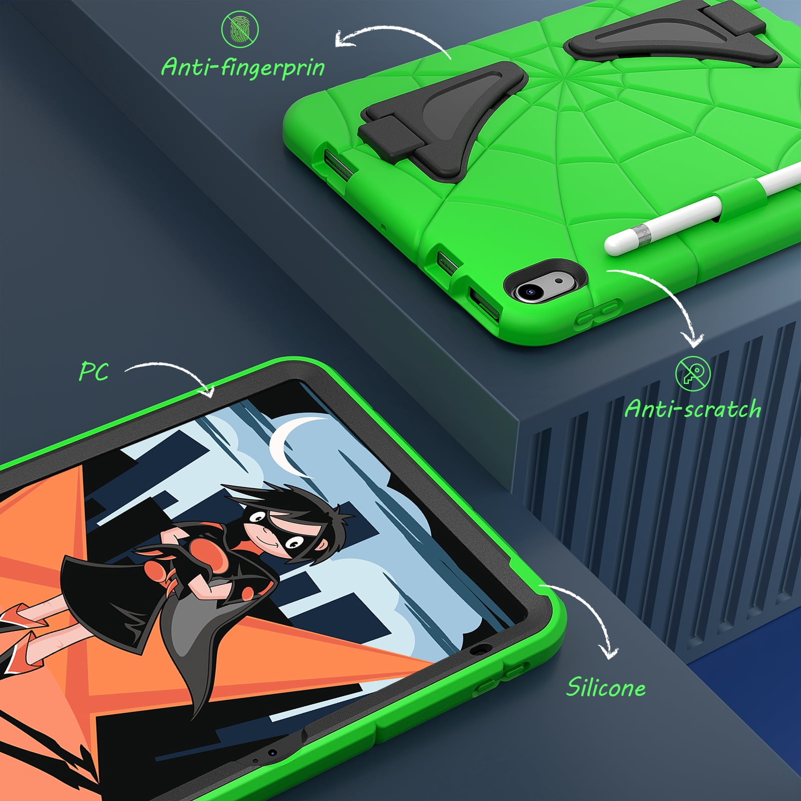 Kids Cases for iPad 10th Generation 2022,TECH CIRCLE Heavy Duty Shockproof Rugged Full Body Protective Sturdy Kickstands iPad 10.9 inch case with Pencil Holder for Kids Children Boys,Green+Black