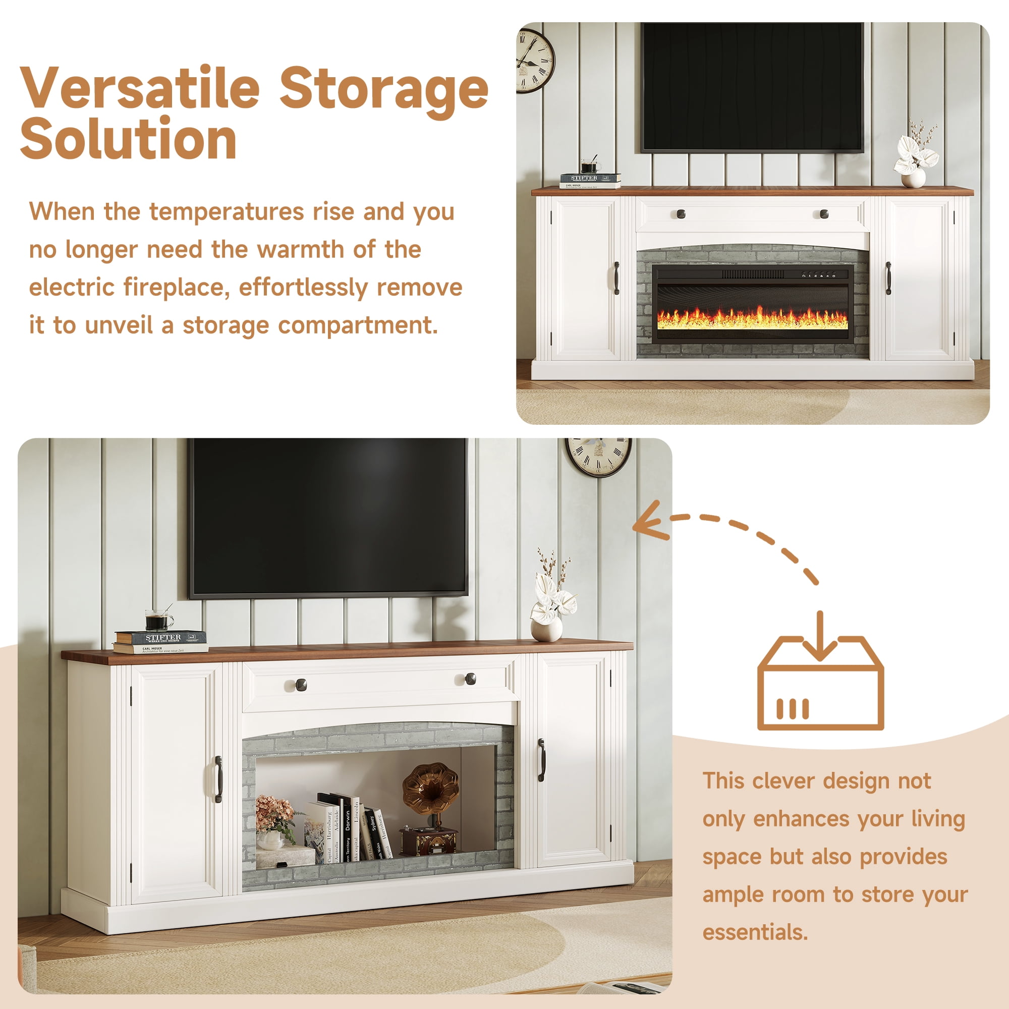 Mintazer Farmhouse Electric Fireplace TV Stand for TVs Up to 70", Entertainment Center with 2 Storage Cabinets & Large Drawer and Adjustable Shelves for Living Room, White