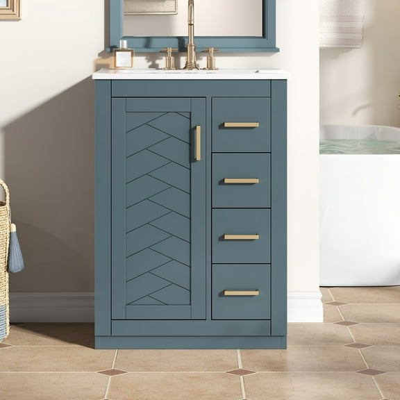 Euroco 24" Bathroom Vanity with Integrated Ceramic Sink, Bathroom Cabinet with 1 Door, 3 Drawers, Single Sink Bathroom Vanity for Small and Medium Restroom, Blue