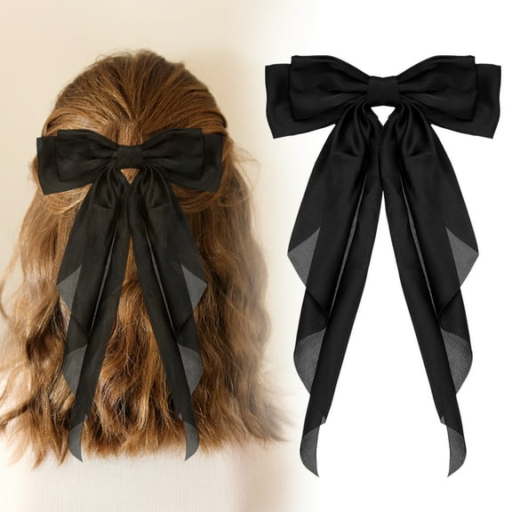 Uxcell Large Bowknot Hair Ribbon Barrette, Hair Bows Oversized Clip Long Tails - Fitting for (Party - Wedding - Birthday - Gift - Clip Accessories - Women) 14.17 Inch & Satin & Black