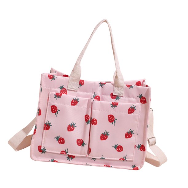 Bolso tote de lona resistente con estampado de fresas, bolso informal ideal para viajes y compras. Rosa