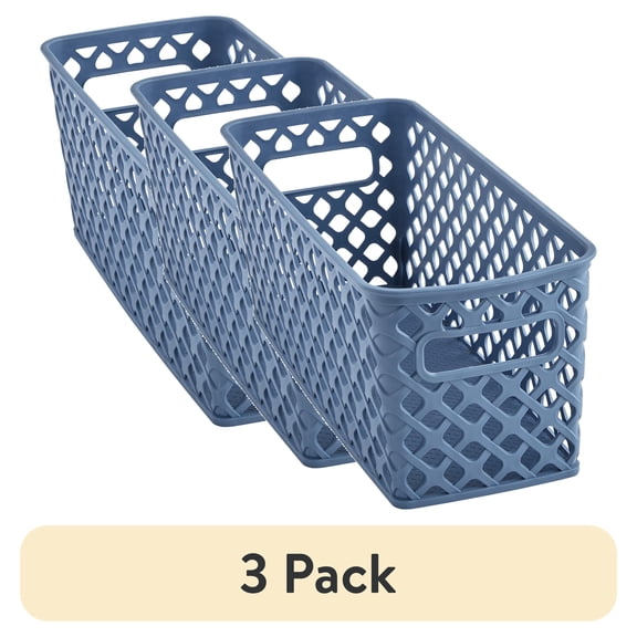 (3 pack) Mainstays Narrow Blue Decorative Plastic Storage Basket, 13.6 in x 5.5 in x 5.1 in