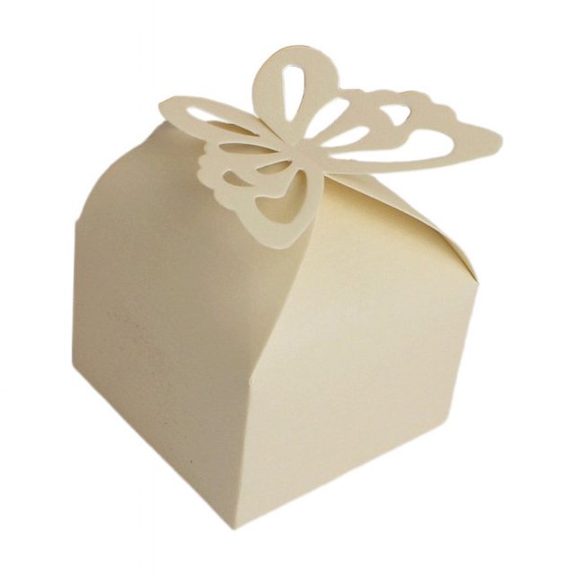Caja de papel perlado para dulces, caja de embalaje para dulces de boda, caja de mariposa hueca, caja cuadrada plegable personalizada de 6 cm
