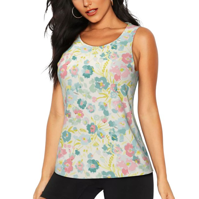 Balery Watercolor Wildflowers Camiseta sin mangas estampada ligera para mujer, tops de entrenamiento sin mangas, camisetas de yoga transpirables de secado rápido.-Medium