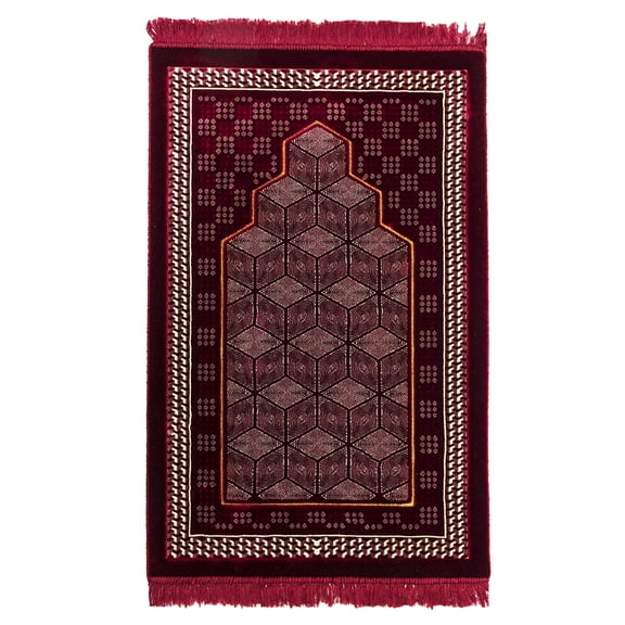Modefa Turkish Islamic Prayer Mat Rug | Lux Plush Velvet Sajadah Janamaz | Free Prayer Cap & Beads | Geometric Mihrab - Red