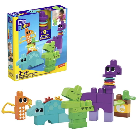 MEGA BLOKS Fisher-Price Sensory Toy Blocks Squeak n Chomp Dinos (24 Pieces) for Toddler