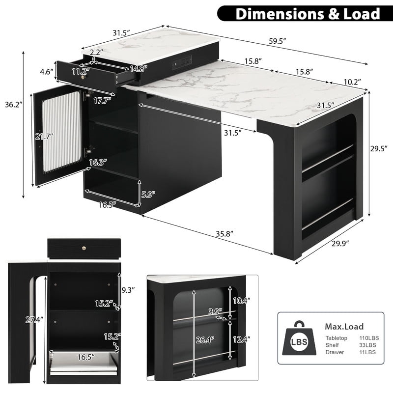 Bellemave 60" Kitchen Island with Extendable Dining Table and Power Outlet, Mobile Kitchen Storage Islands with 2 Storage Drawers, Rolling Islands Cart with Extra Rows Open Shelves（Black)