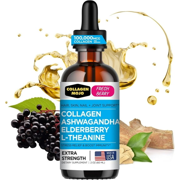 Liquid Collagen Peptides with Ashwagandha, Elderberry & L-Theanine. High Potency and Absorption Formula. Hair, Skin, Nail   Joint Support. Stress Relief & Immunity Booster – Collagen Mojo - 2 oz.