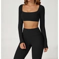 thumbnail image 5 of PISONIC Workout Sets for Women 2 Piece Square Neck Long Sleeve Crop Tops High Waist Flared Leggings Gym Sets, 5 of 12