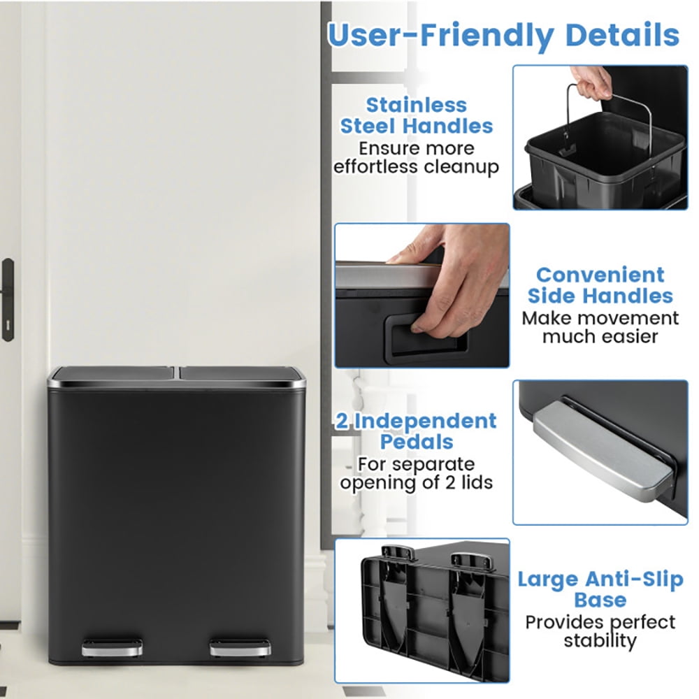 Barara King Trash and Recycling Bin, Kitchen Garbage Can Rubbish Bin,16 Gallon Dual Step Trash Can-Black
