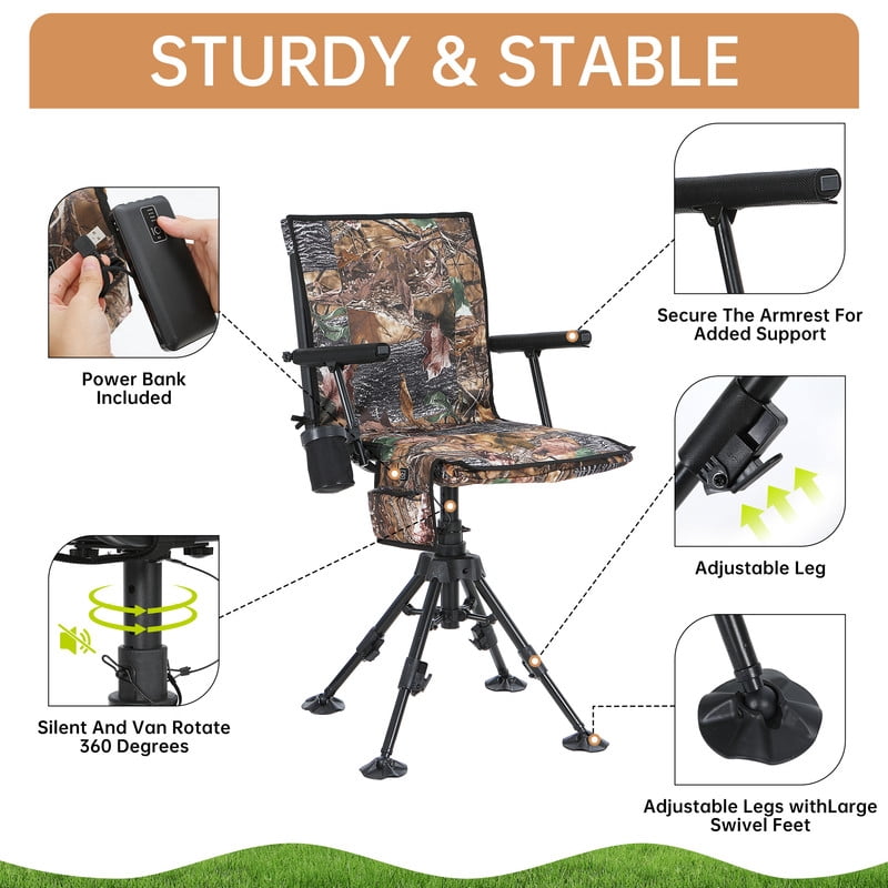 Heated Silent Swivel Hunting Chair with 360 Degree Rotating, Adjustable Height, Armrests, No-Sink Feet & Shoulder Strap | Turkey Hunting, Blind Chair for Deer, Observation, Outdoor Rest