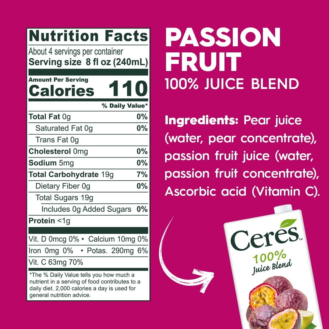 Ceres 100% All Natural Pure Fruit Juice Blend, Passion Fruit - Gluten Free, Rich in Vitamin C, No Added Sugar or Preservatives, Cholesterol Free - 33.8 FL OZ (Pack of 12)