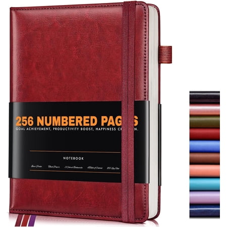 Lined Journal Notebook for Women Men 256 Numbered Pages Hardcover Leather Journals for Writing A5 Journaling Notebooks College Ruled Journal for Business Work School 5.75 x 8.38 Wine Red