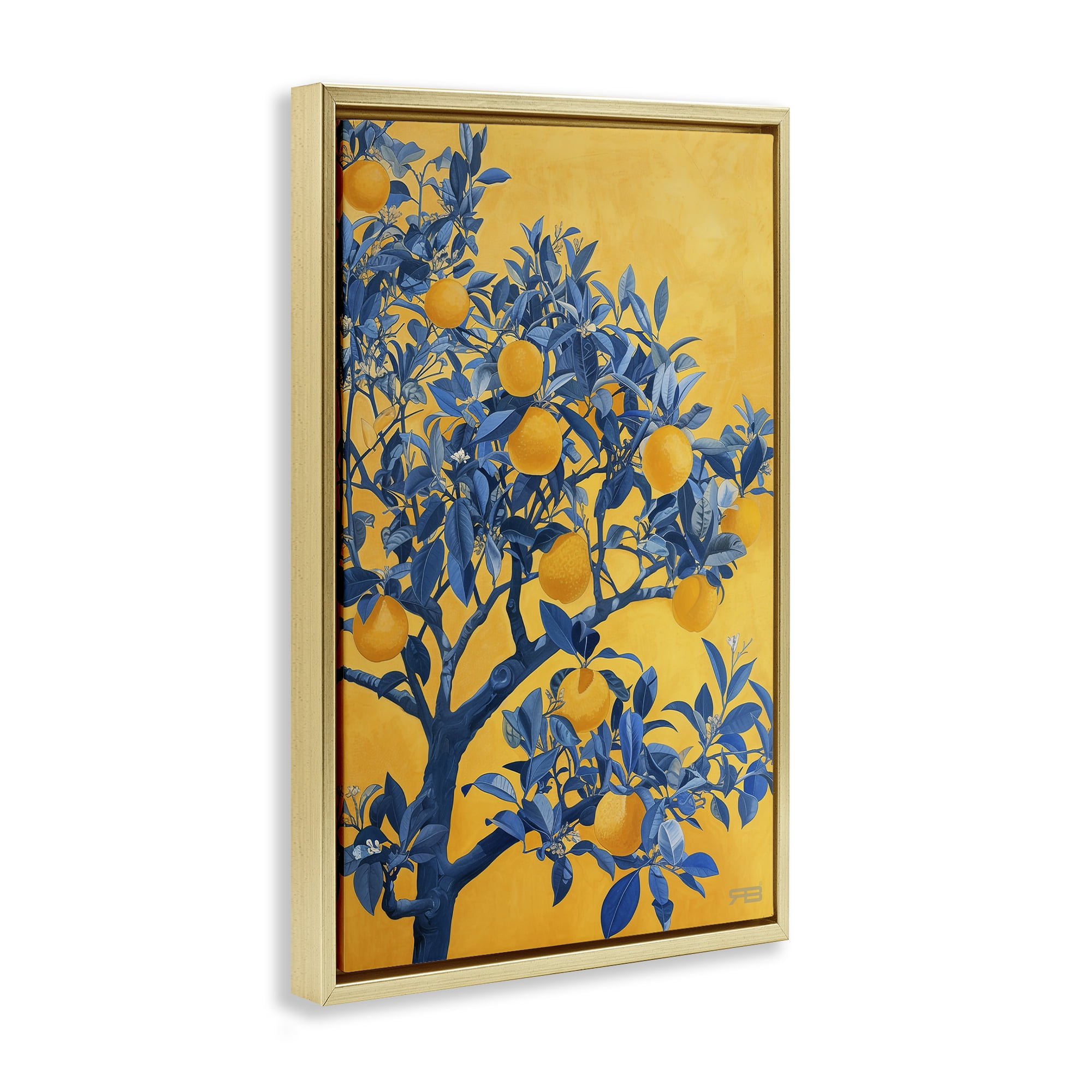 Stupell Industries Lemon Tree on Orange Food & Beverage Painting Gold Floater Framed Canvas Art Print Wall Art, 21 x 31