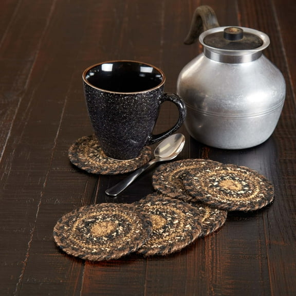 VHC Brands Espresso Coasters, Brown Black Tan, Jute Blend, Round Circle, Set of 6 Coasters