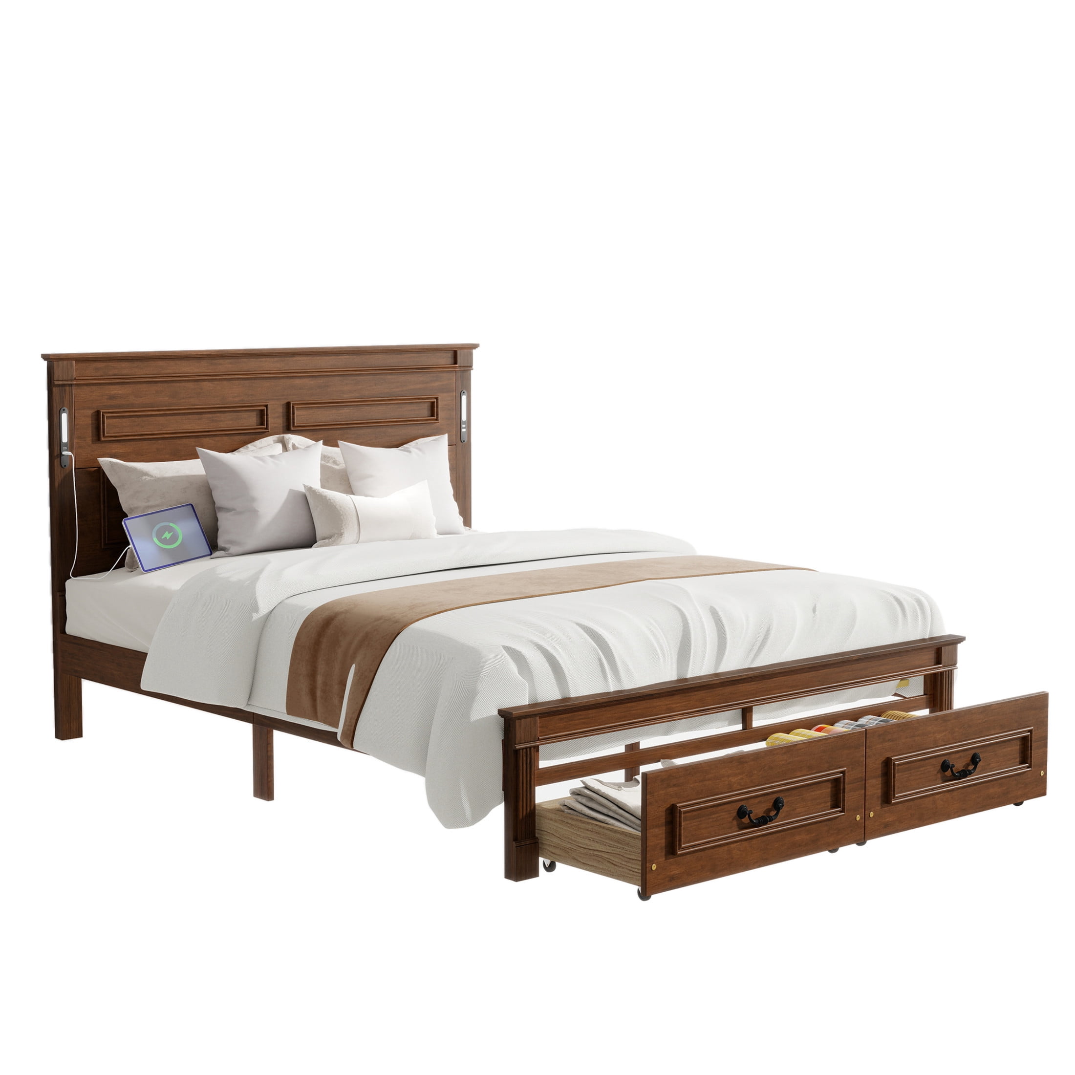 Noble House Corneille Queen Farmhouse Bed with LED Headboard, USB Charging Station, Storage Drawers, Pine Wood, Walnut