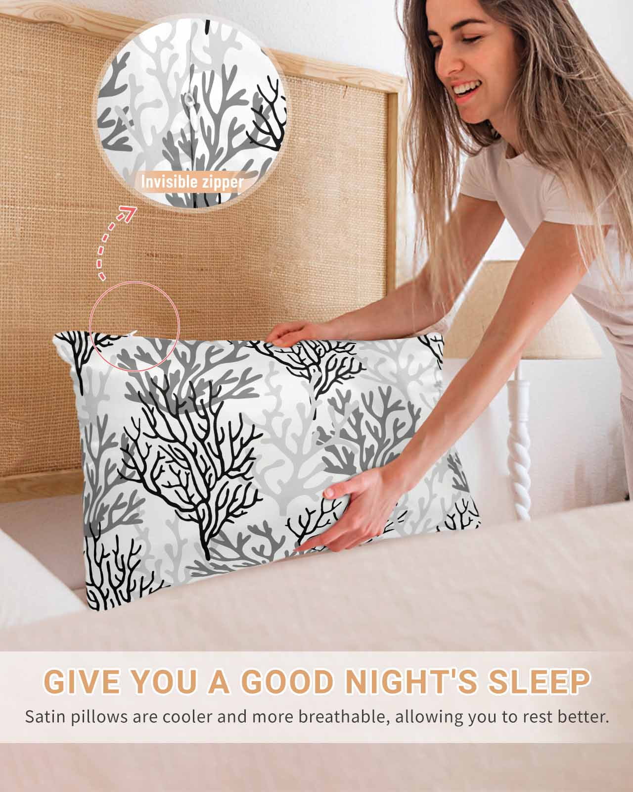 Black Gray Coral Coastal Pillow Cases Standard Size Set of 2, Smooth Satin Pillowcase for Hair and Skin, Summer Beach Seaside Nautical Decorative Cooling Bed Pillow Covers with Zipper, 20x26 Inches