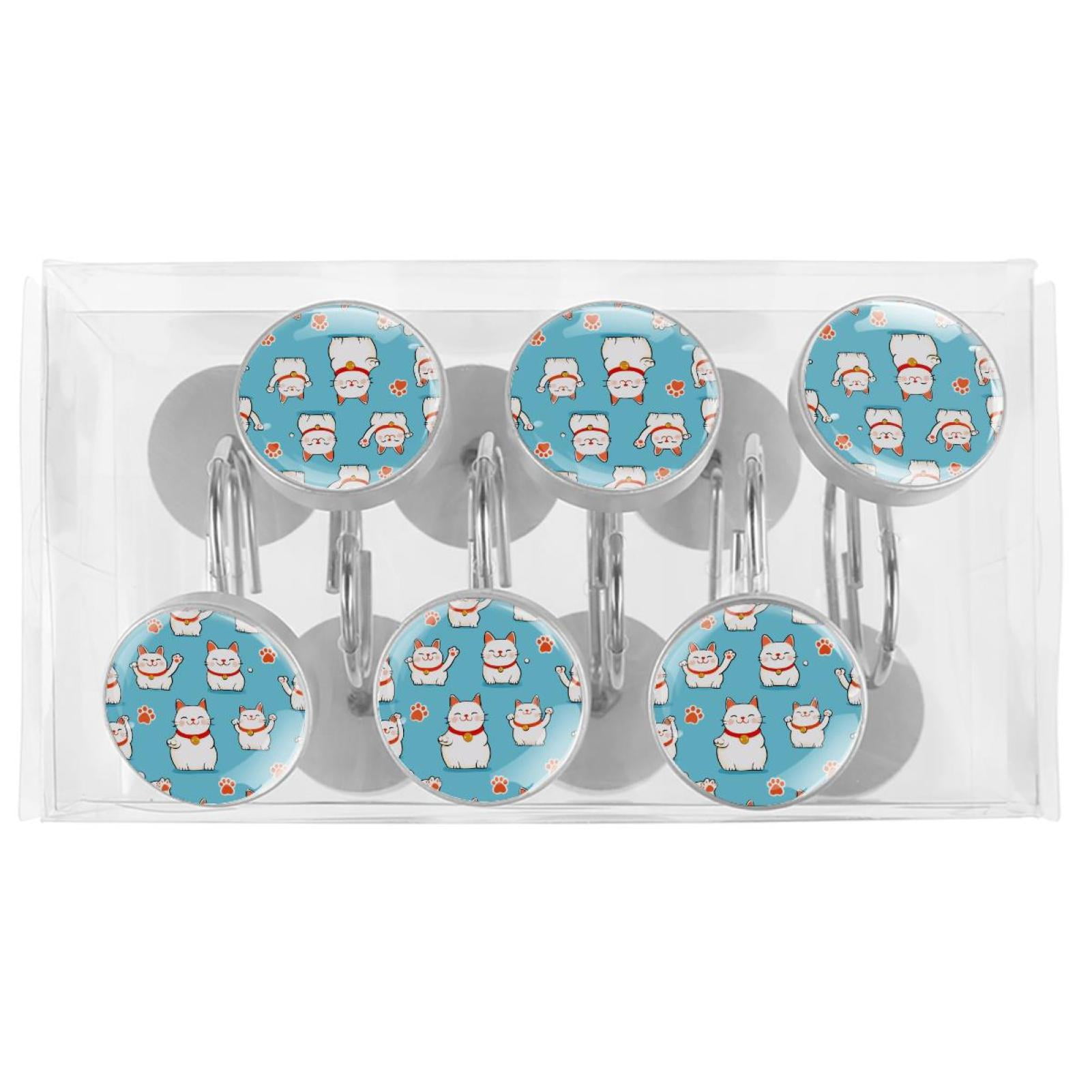 12pcs Decorative Shower Curtain Hooks, Rust Resistant Shower Rings for Bathroom Living Room,Rustproof Stainless Steel Rings for Shower Curtain and Liner Rods,Cartoon Lucky Cat Pattern