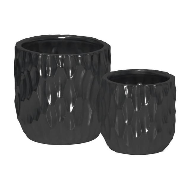 Urban Trends Collection 45904 Ceramic Cylindrical Pot with Wide Mouth & Embossed Rectangle Design Body Matte Finish, Black - Set of 2