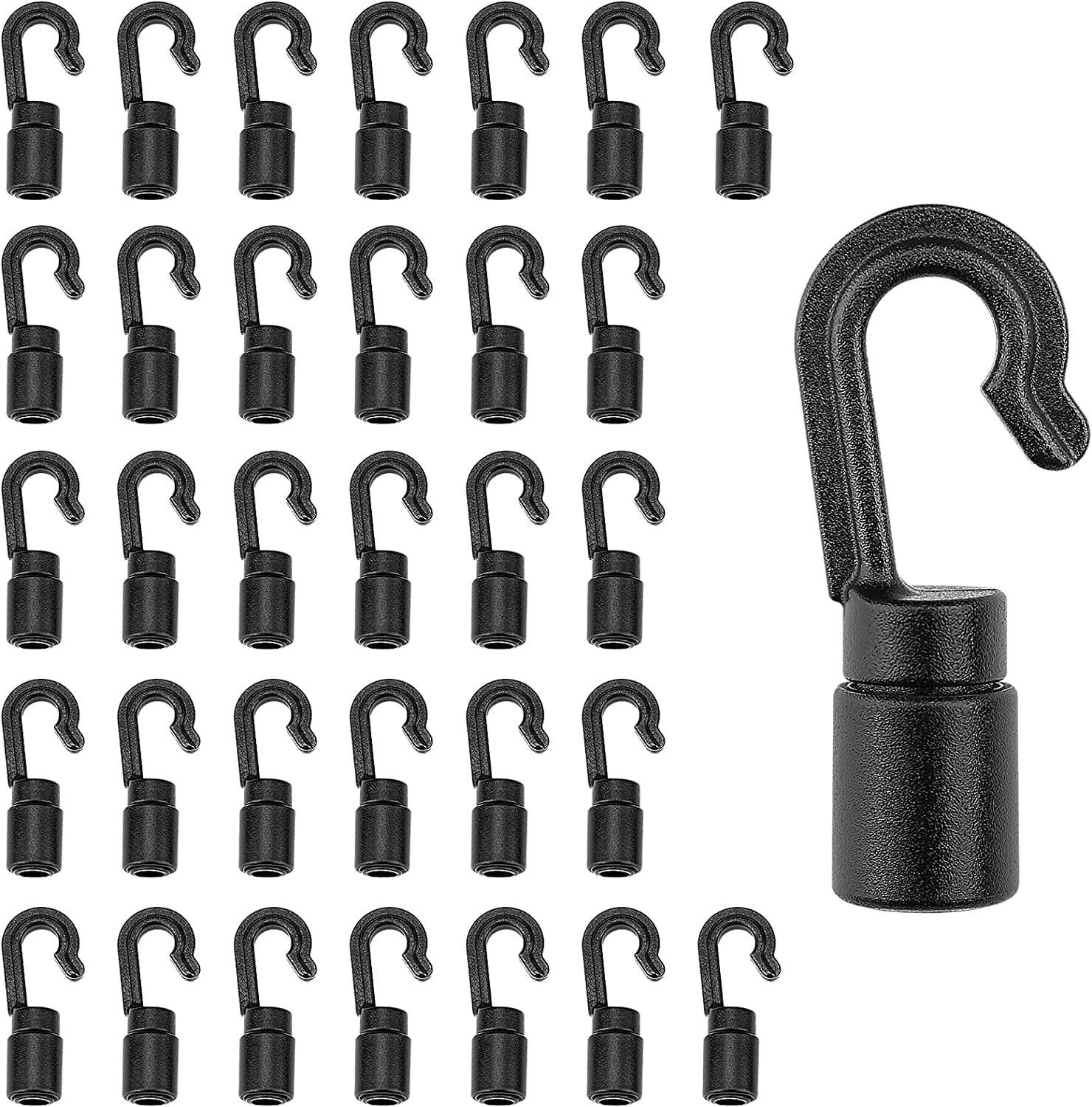 Shock Cord Hooks 1/4 inch to 3/16 inch, Black Plastic Bungee Cord Hooks