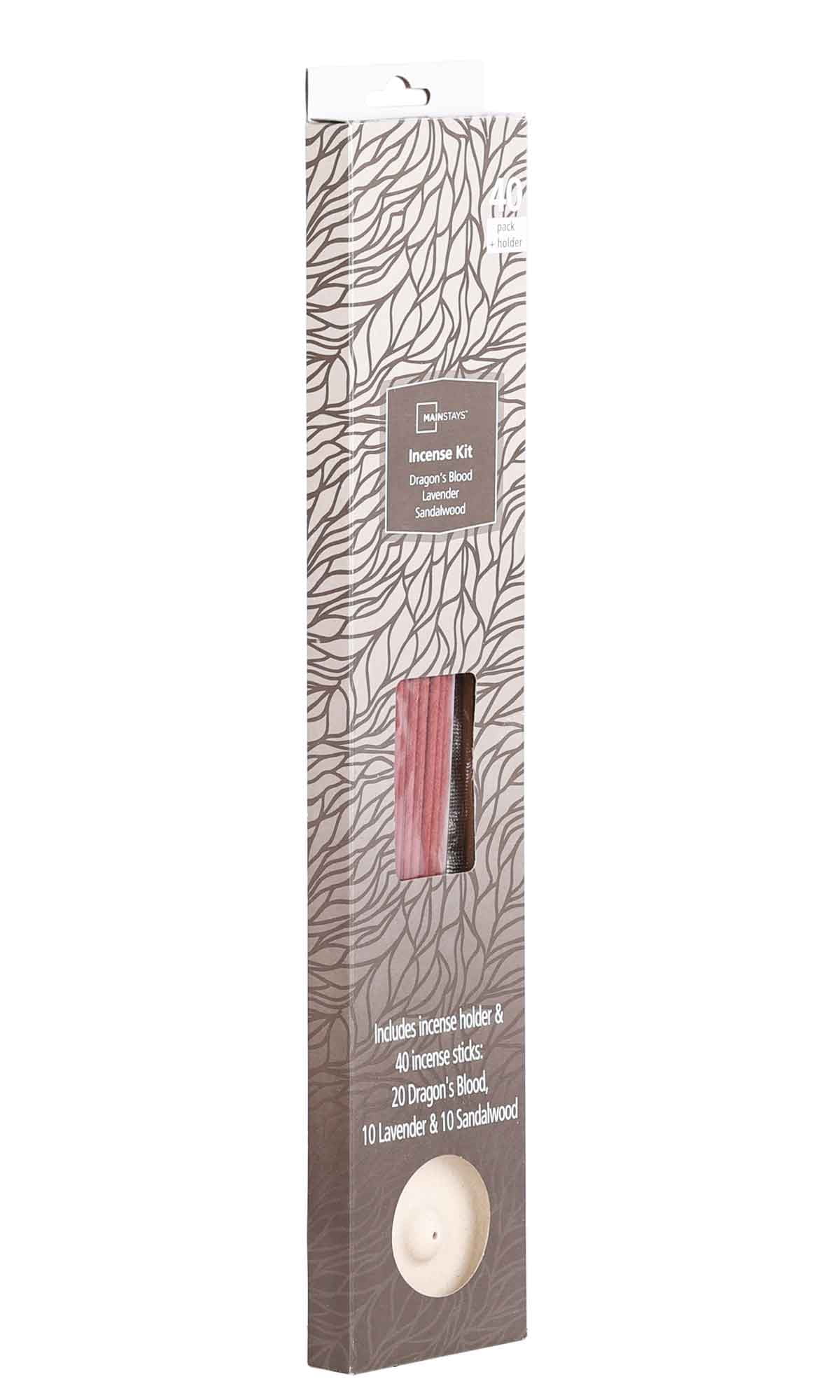 Mainstays Incense Kit, Dragon's Blood, Lavender, Sandalwood Fragrances (Light Brown), 40 Pack with Holder