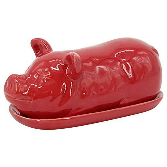 Farmyard Porky Pig Glossy Red 7 x 4 Ceramic Butter Dish With Lid