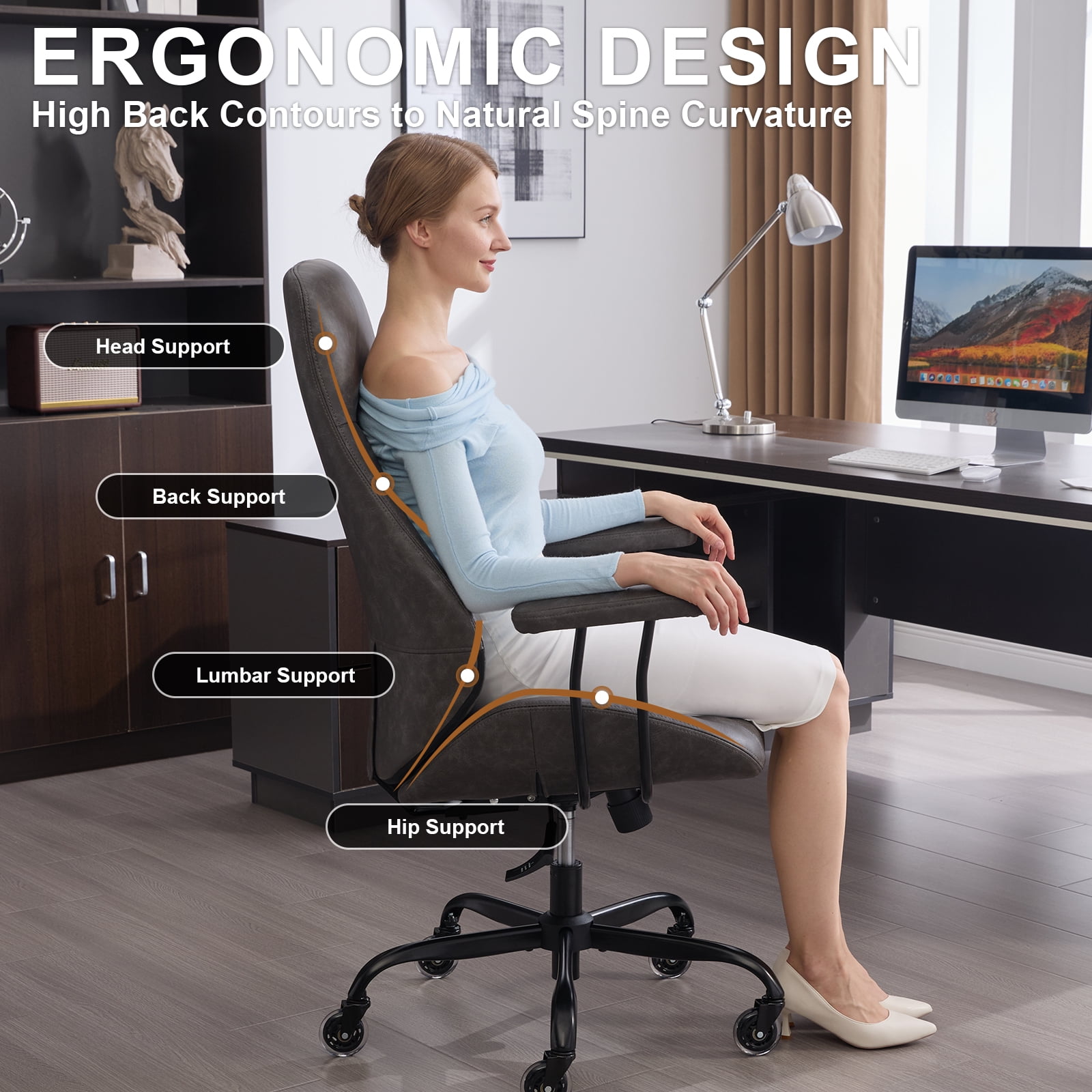 E-Motie Home Office Desk Chair, Ergonomic High Back Leather Computer Chair with Lumbar Support, Adjustable Height & Recline, Swivel Executive Office Chair with Armrests and Rubber Casters, Dark Gray