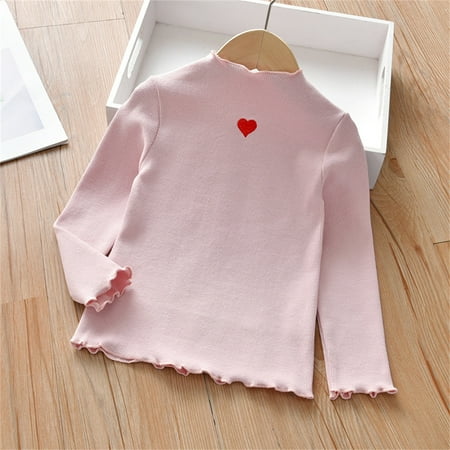 GiLiling Toddler Baby Girls Knitted T Shirt Heart Print Ruffle Long Sleeve Pullover Tops Soft Cotton Sweatshirts for Spring Daily Wear (Pink 1-2 Years)